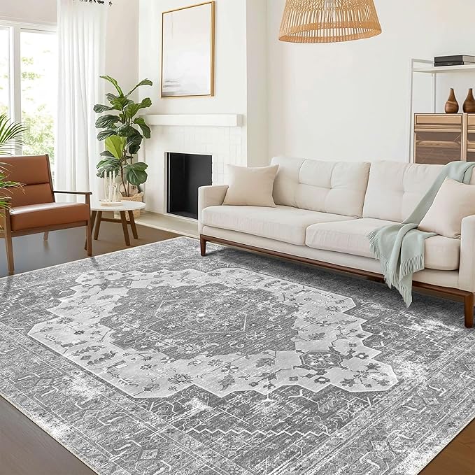 vivorug 8x10 Area Rugs, Stain Resistant Washable Rug for Living Room, Vintage-Inspired Grey Floral Rug