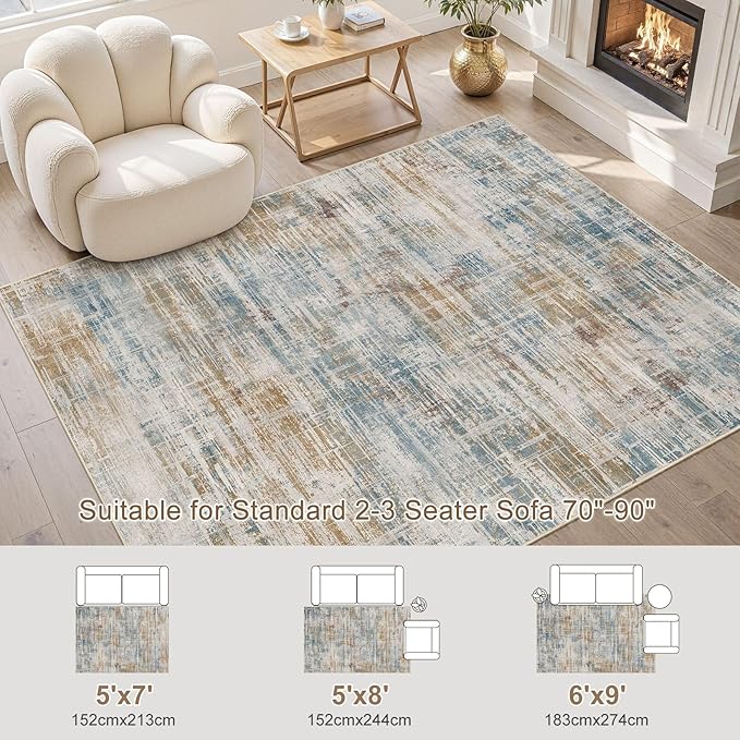 Area Rug for Living Room: 5x7 Washable Neutral Abstract Modern Soft Rugs Non Slip Indoor Floor Stain Resistant Carpet for Bedroom Dining Room Office Nursery - Blue Brown