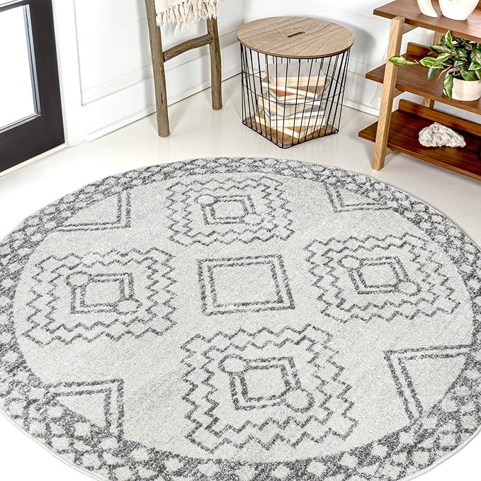 JONATHAN Y Amir Moroccan Beni Souk Cream/Gray 5' Round Indoor Area Rug, Bohemian, Scandinavian, Easy-Cleaning for Living Room, Bedroom, Kitchen, Pet Friendly, Non-Shedding (MOH200B-5R)
