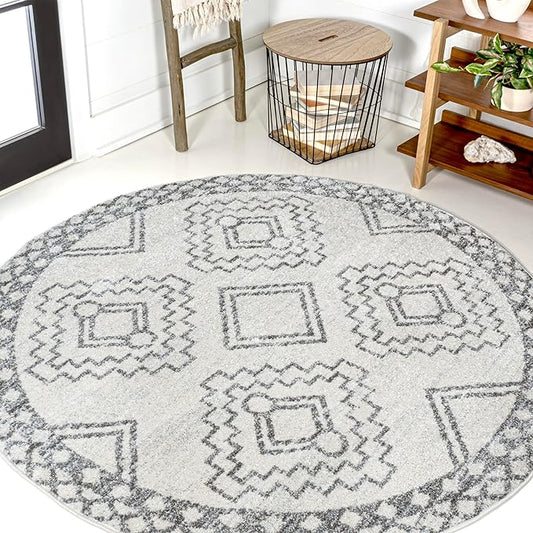 JONATHAN Y Amir Moroccan Beni Souk Cream/Gray 5' Round Indoor Area Rug, Bohemian, Scandinavian, Easy-Cleaning for Living Room, Bedroom, Kitchen, Pet Friendly, Non-Shedding (MOH200B-5R)