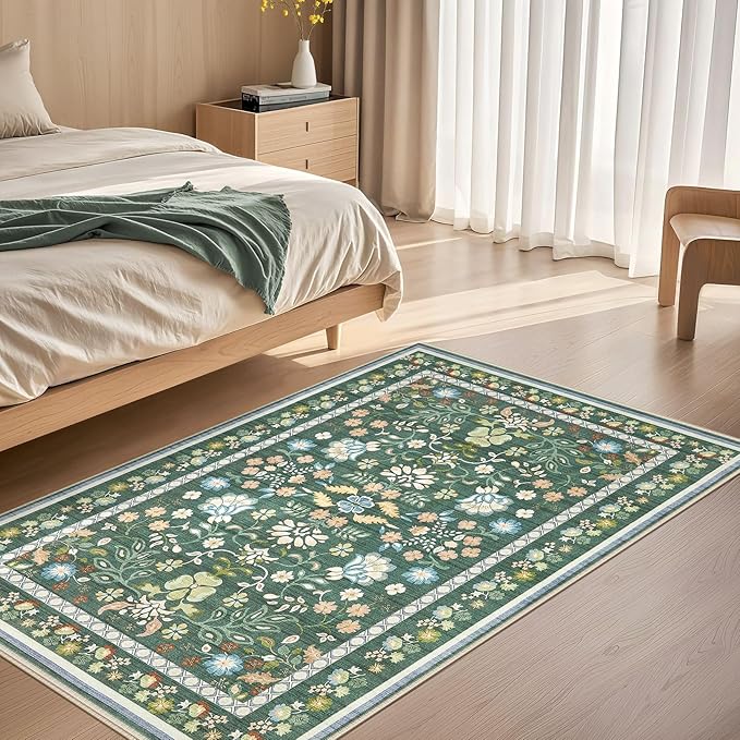 3x5 Area Rug Living Room Rugs - Washable Boho Vintage Floral Large Soft Non Slip Thin Rug Low Pile Carpet for Bedroom Dining Room Kids Playroom Office Decor Indoor- Green