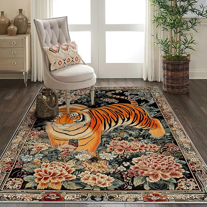 8x10 Tiger Area Rugs Boho Tiger Rug for Living Room Indoor Soft Non-Slip Thin Large Carpet Vintage Rugs for Bedroom Home Decor Under Table Washable Machine
