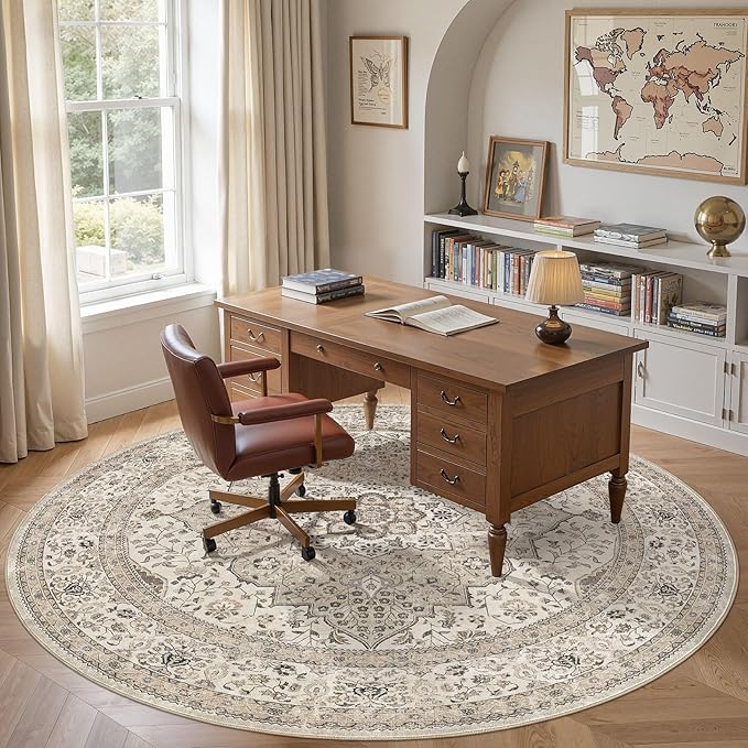 Washable 8 Ft Round Area Rug - Vintage Floral Stain & Fade Resistant Non-Slip Backing Carpet for Living Room, Bedroom, Dining Room, Home Office Floor Decor Large Carpets (Brown/Beige)