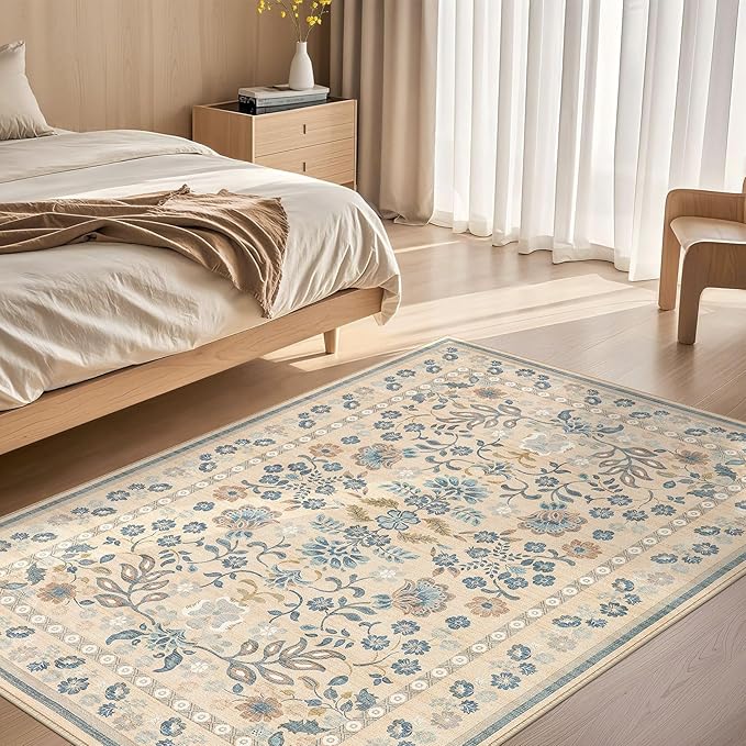 4x6 Area Rug Living Room Rugs - Washable Boho Vintage Floral Large Soft Non Slip Thin Rug Low Pile Carpet for Bedroom Dining Room Kids Playroom Office Decor Indoor- Multi Color