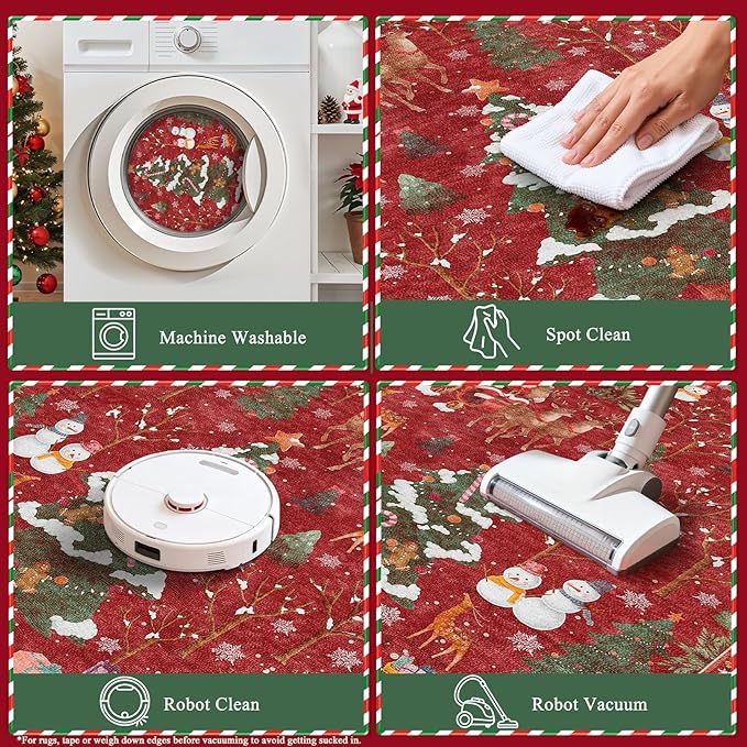 Christmas Entryway Area Rug: 2x3 Washable Neutral Modern Non-Slip Low Pile Festive Carpet for Entrance Kitchen Front Door Mat Kids Room Indoor Entry Holiday Decor - Red