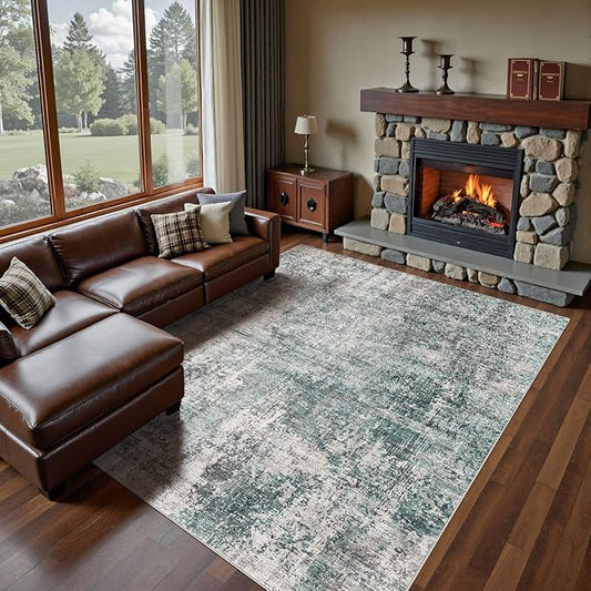 9x12 Area Rug Living Room Rugs - Washable Neutral Modern Abstract Soft Thin Large Rug Indoor Floor No Slip Rug Carpet for Bedroom Under Dining Table Home Office Decor - Green/Grey