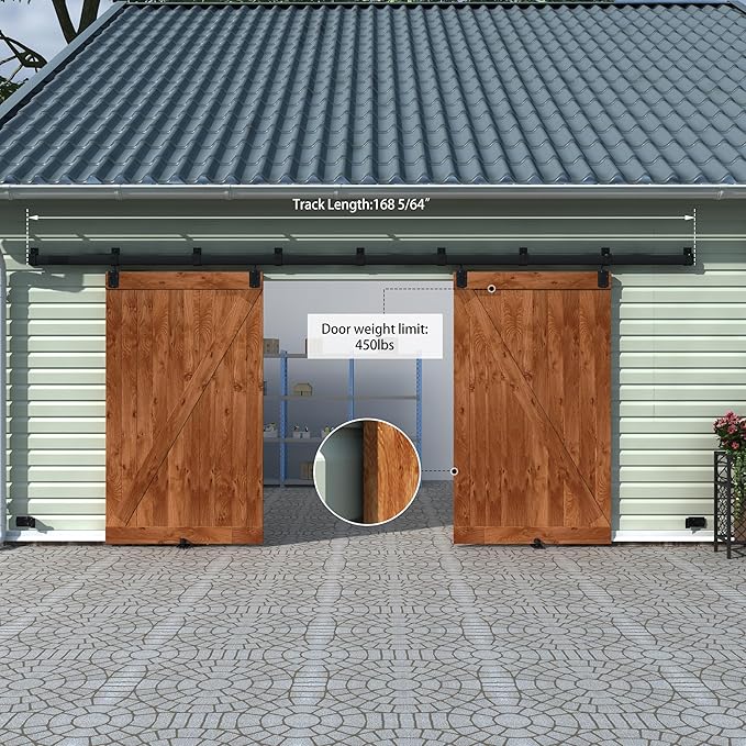 14FT Black Box Rail Exterior Barn Door Hardware Track Kit for 2 Doors, Heavy Duty Barn Door Track Set, Wall Mount Outdoor Weatherproof Double Door Hardware with 7 Track Brackets(No Doors）