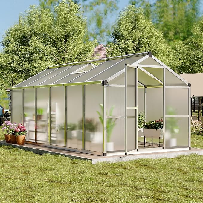 Greenhouse, 8x12 Ft Outdoor Greenhouses, Accessible Green House with Roof Vents and Sliding Doors, Aluminum Frame Polycarbonate Greenhouses, Large Greenhouse for Outdoor Gardens and Backyards, Silver