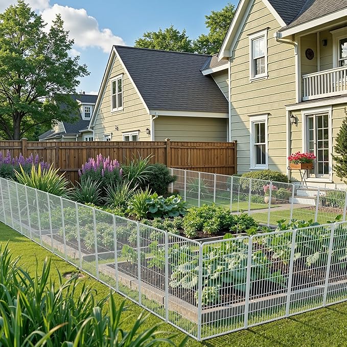 SunsGrove Tall Garden Fence with Gate, 45 in(H) x 17.8 ft(L) 8 Panels Heavy Duty Metal Animal Barrier Fence for Yard, Suitable for Indoor or Outdoor Dog Pet Fence, Garden Fence Border, White