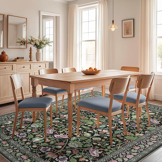 6x9 Area Rug Living Room Rugs - Washable Boho Vintage Floral Large Soft Non Slip Thin Rug Low Pile Carpet for Bedroom Dining Room Kids Playroom Office Decor Indoor- Green Dark