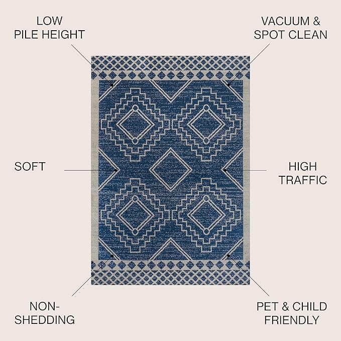 JONATHAN Y Amir Moroccan Beni Souk Navy/Ivory Indoor Area Rug, 5x8, Bohemian, Scandinavian, Easy-Cleaning for Living Room, Bedroom, Kitchen, Pet Friendly, Non-Shedding (MOH200D-5)