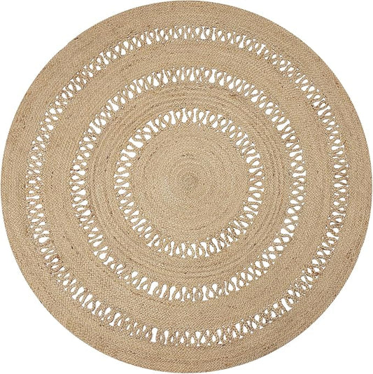 REDEARTH · Round Area Rug - 5 Feet Braided Scalloped Earthy Trails Jute Rug- Artisan Made Boho Jute Patterned Rugs for Bedroom, Kitchen, Living Room, Farmhouse, Aesthetic, Handmade Vintage Décor