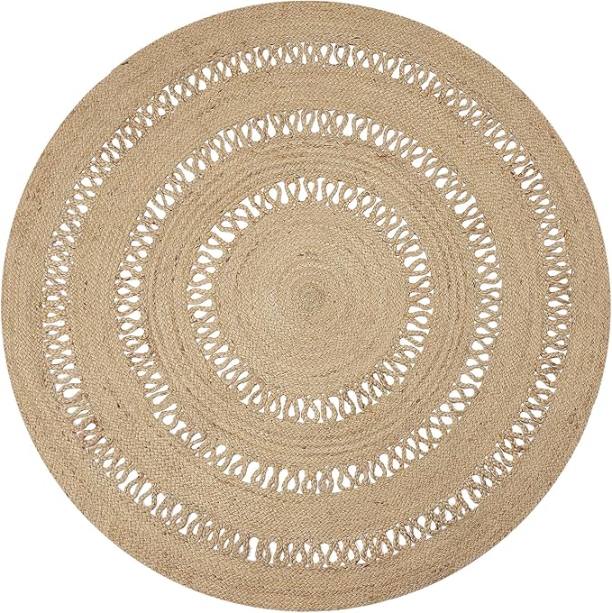 REDEARTH · Round Area Rug - 8 Feet Braided Scalloped Earthy Trails Jute Rug- Artisan Made Boho Jute Patterned Rugs for Bedroom, Kitchen, Living Room, Farmhouse, Aesthetic, Handmade Vintage Decor