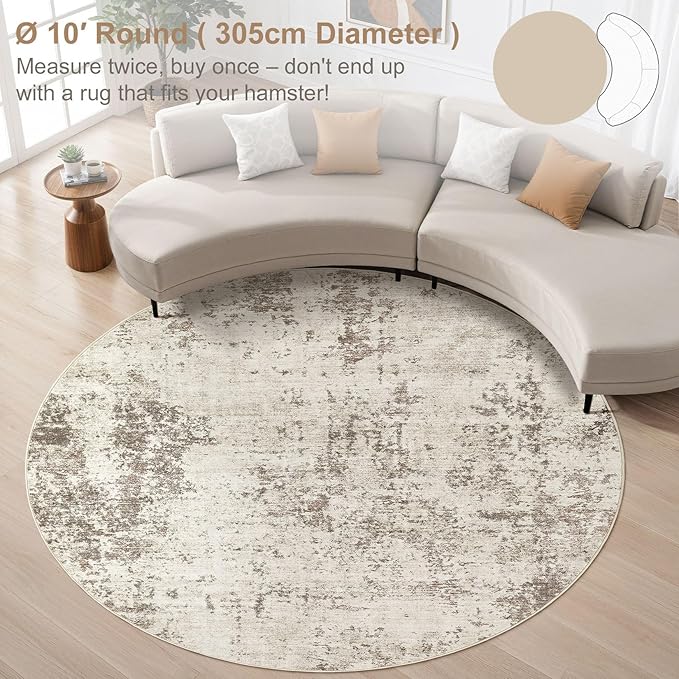 10ft Round Area Rug Living Room Rugs - 10x10 Washable Large Neutral Modern Abstract Soft Thin Rug Indoor Floor No Slip Rug Carpet for Bedroom Under Dining Table Home Office Decor - Dark Brown