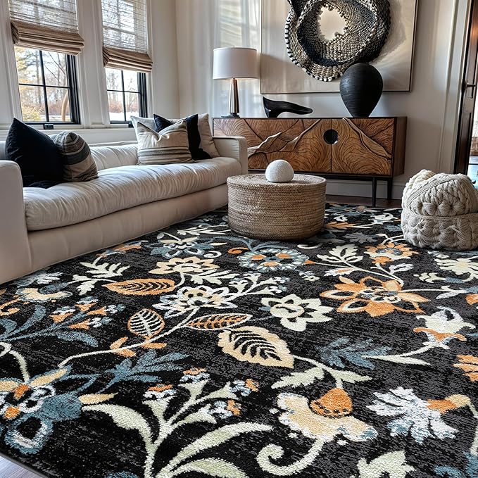 Rugshop Vine Floral Area Rug Modern for Living Room, Bedroom, or Entryway Black Multi 7' 10" x 10' Black