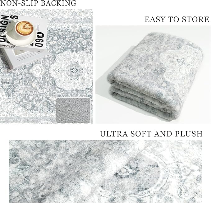 5x7 Area Rugs Washable,Grey Rug for Living Room Bedroom Kitchen,Large Boho Vintage Bohemian Distressed Carpet Non Slip,Floral