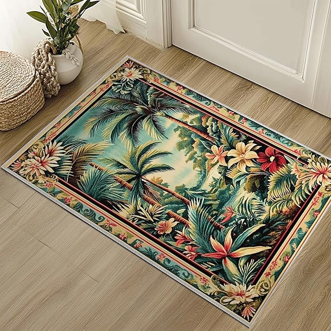 2x3 Tropical Rainforest Area Rugs Boho Forest Rug for Bathroom Kitchen Entryway Indoor Soft Non-Slip Thin Hippie Carpet Small Green Doormat for Office Dining Room Under Table Washable Machine