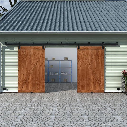 14FT Black Box Rail Exterior Barn Door Hardware Track Kit for 2 Doors, Heavy Duty Barn Door Track Set, Wall Mount Outdoor Weatherproof Double Door Hardware with 7 Track Brackets(No Doors）