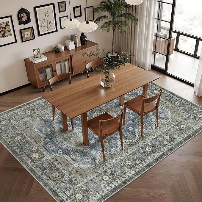 Rugland 9x12 Area Rug - Stain Resistant Washable Rug, Anti Slip Backing Rugs for Living Room, Vintage Tribal Area Rugs (TPR07-Green, 9'x12')
