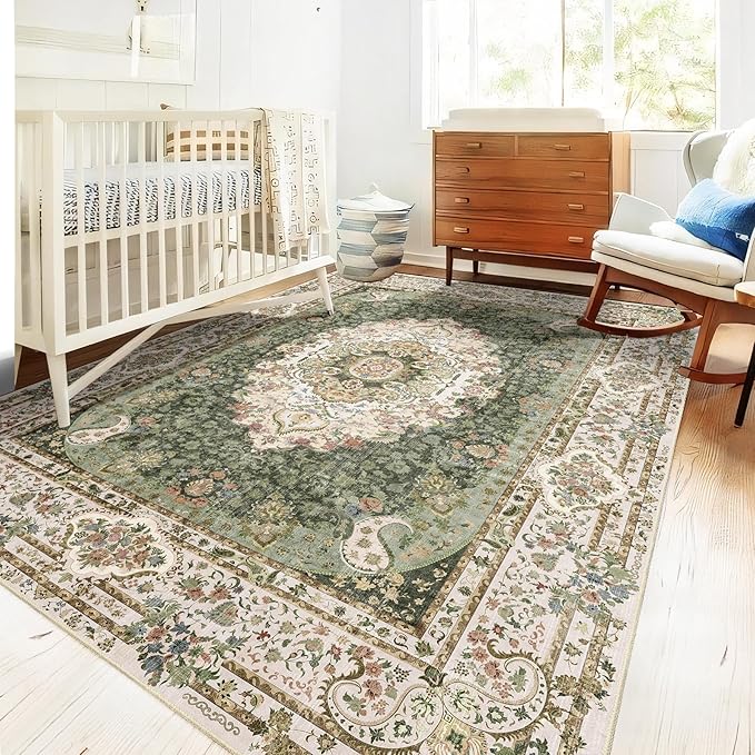 5x7 Area Rugs Washable,Green Rug for Living Room Bedroom Kitchen,Large Boho Vintage Bohemian Distressed Carpet Non Slip,Floral