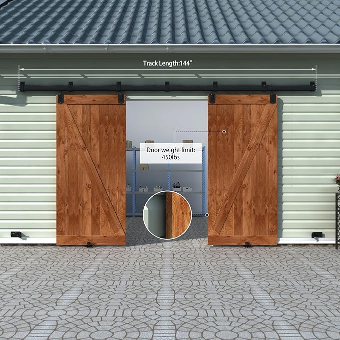12FT Black Box Rail Exterior Barn Door Hardware Track Kit for 2 Doors, Heavy Duty Barn Door Track Set, Wall Mount Outdoor Weatherproof Double Door Hardware with 7 Track Brackets(No Doors