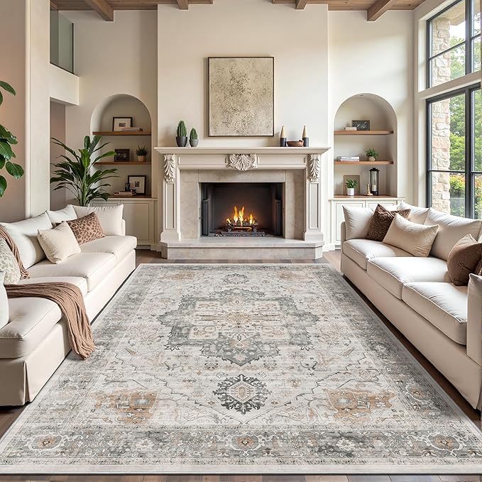 Rugland 8x10 Area Rugs - Stain Resistant Washable Rug, Anti Slip Rugs for Living Room, Vintage Tribal Area Rugs(Medallion 01-Taupe/Grey, 8'x10')