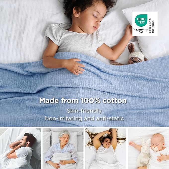 Bedsure GentleSoft 100% Cotton Blanket Queen Size for Bed - Breathable and Lightweight, Soft Cozy Textured Herringbone Woven Blanket for Summer, Ashley Blue, 90x90 inches