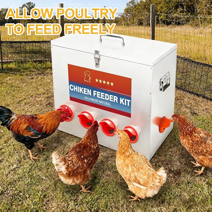 Automatic Chicken Feeder Large Capacity 85lbs Metal Chicken Feeder with Latch & Handle for Chickens, Geese, Ducks, Turkeys, Quails, Weatherproof (10-Port)