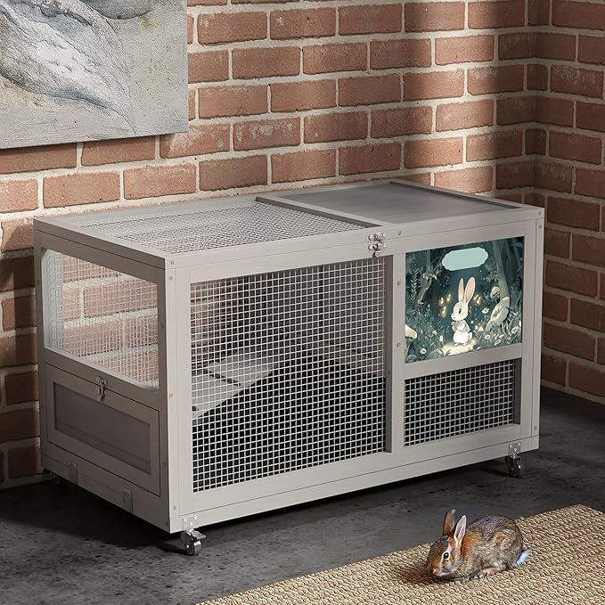 COZIWOW 36.5-Inch Double-Decker Wooden Rabbit Hutch with Wheels, Featuring A Cleaning Tray and Ladder—Stylish and Easy to Assemble（Grey and Pattern）