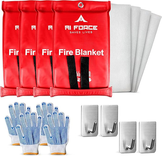 AI FORCE Fire Blanket with Gloves & Hooks (4-Pack, Fiberglass, Red) – Fireproof Emergency Safety Blanket for Home, Kitchen, Fireplace, Camping, BBQ, Grease & Outdoor Fires – Survival Gear