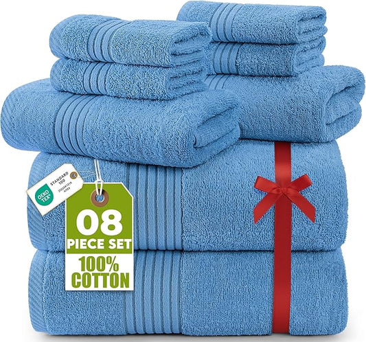 Utopia Towels 8 Piece Premium Towel Set, 2 Bath, 2 Hand, and 4 Washcloths, 100% Ring Spun Cotton, Highly Absorbent Towels for Bathroom, Sports, and Hotel, Electric Blue