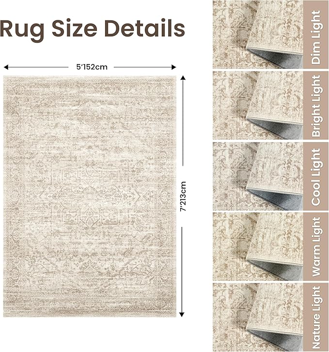 Rugland 5x7 Area Rugs - Stain Resistant Washable Rug, Anti Slip Rugs for Living Room, Vintage Tribal Area Rugs(Distressed Beige, 5'x7')