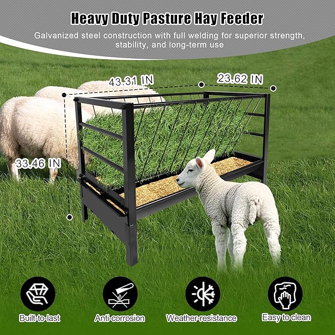 Large Pasture Hay Feeder 71Gallon, 2 in 1 Goat Hay and Grain Feeder for Goat Sheep Horse, Galvanized Steel Livestock Feeders with Top Rack & Feeding Trough, Easy to Install for Farms Shed Outdoor