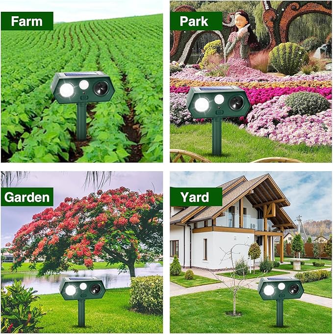 2025 Solar Ultrasonic Racoon Fortress Pro, Animal Repeller Deer Cat Repellent Devices Squirrel Rabbit Deterrent Outdoor with Motion Sensor&Flash Light to Scare Dog Skunk Out of Garden Yard(4Pack)