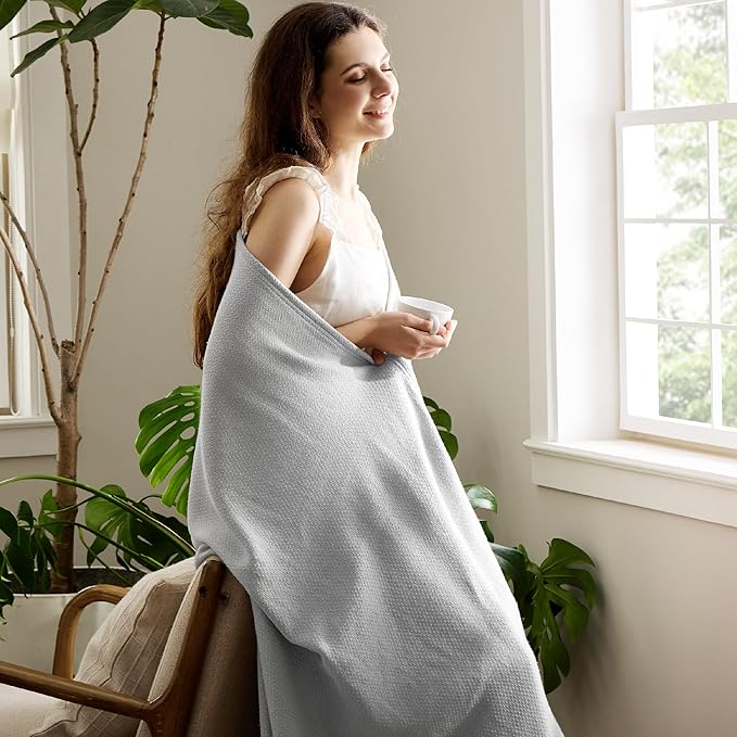 Bedsure GentleSoft 100% Cotton Blanket Twin XL Size for Bed - Breathable and Lightweight, Soft Cozy Textured Herringbone Woven Summer Blanket for College Dorm, Grey, 66x90 inches