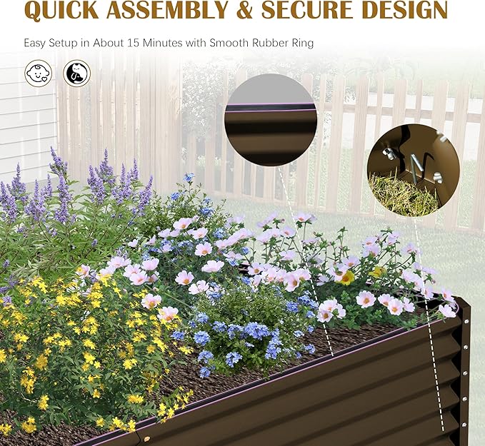 Domi 6x3x1.5ft Metal Raised Garden Beds Outdoor, Thickened Galvanized Steel Deep Root Planter Box with Stabilizing Bars & Rubber Edging for Vegetables, Flowers, Herbs - Brown