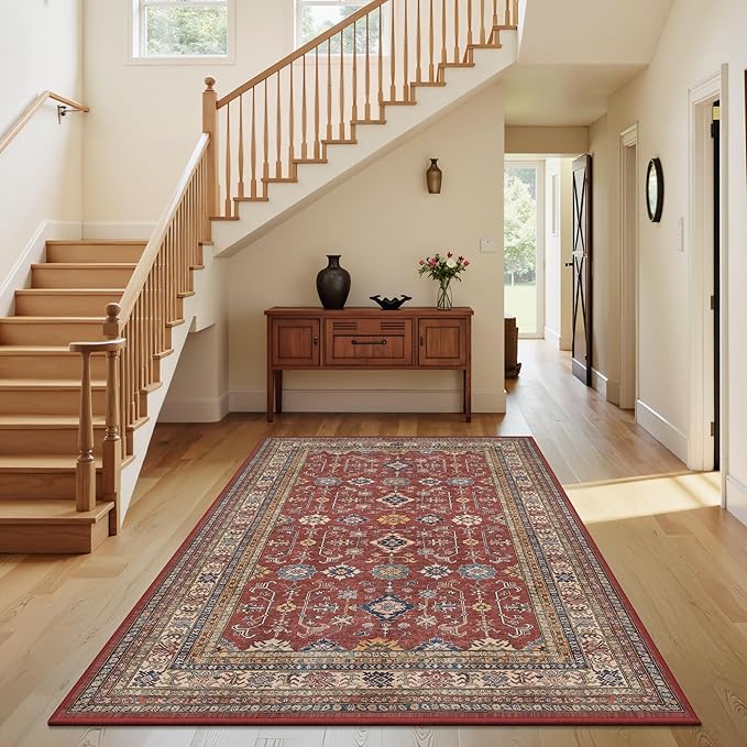 Rugland 3x5 Rug - Stain Resistant Washable Rug, Anti Slip Backing Rugs for Living Room, Vintage Tribal Area Rugs (TPR10-Burgundy, 3'x5')