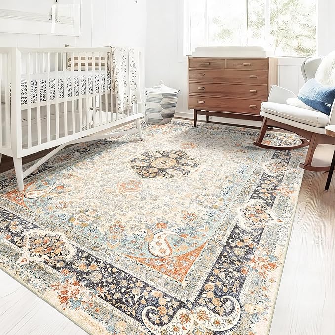 5x7 Area Rugs Washable,Vintage Rug for Living Room Bedroom Kitchen,Large Boho Bohemian Distressed Carpet Non Slip,Retro Blue Grey Floral