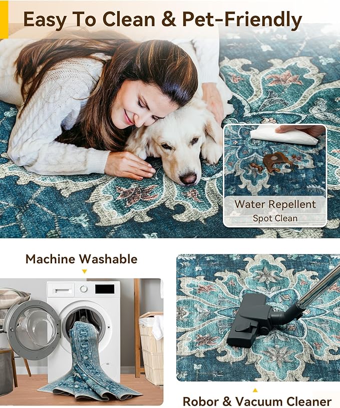 Area Rugs 10'x12' Washable Non-Slip, Floral Vintage Distress Print Pattern Medallion Carpet for Living Room Bedroom Dining Room, Teal Green Lake Blue Turquoise