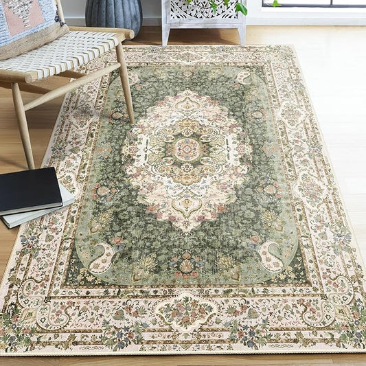 Green Rug 4'x6.5',Washable Area Rugs for Bedroom Living Room Kitchen Entryway,Small Boho Vintage Bohemian Distressed Non Slip Carpet,Floral