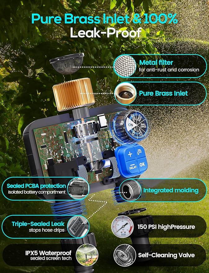 Sprinkler Timer, Programmable Irrigation Water Timer with 2 Brass Inlet for Garden Hose, Automatic Watering System for Yard Lawn, Rain Delay