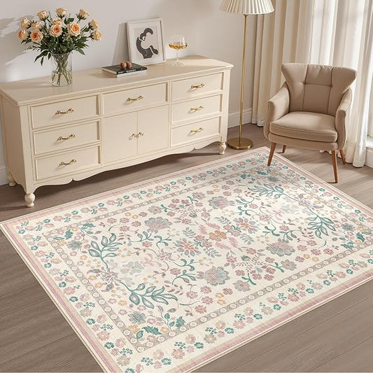 4x6 Area Rug Living Room Rugs - Washable Boho Vintage Floral Large Soft Non Slip Thin Rug Low Pile Carpet for Bedroom Dining Room Kids Playroom Office Decor Indoor- Pink