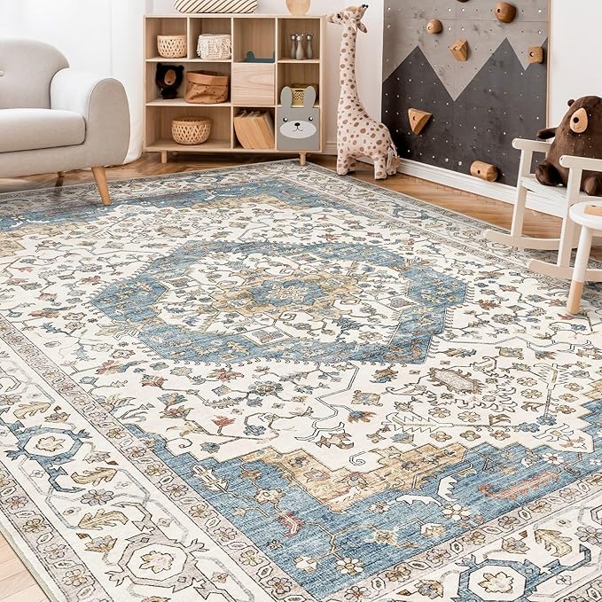 Area Rug for Living Room - 6x9 Soft Washable Oriental Vintage Floral Distressed Large Carpet - Fade Stain Resistant Non Slip Rugs for Bedroom Dining Room Nursery Dorm Office Home Decor - Blue/Beige