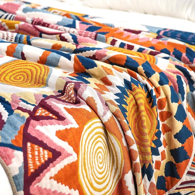 Boho Throw Blanket, 100% Organic Muslin Cotton Skin-friendly Breathable Ultra Soft Bed Quilt Throw - All Season Bohemian Decor Luxury Colorful Blanket for Sofa Couch Chair and Gift. 60" x 80"