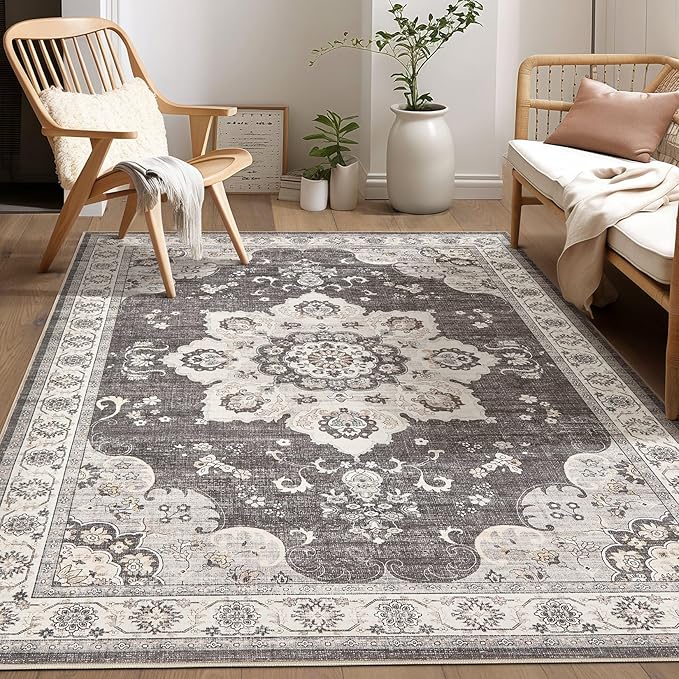 Area Rug for Living Room - 6x9 Soft Washable Oriental Vintage Floral Distressed Large Carpet - Fade Stain Resistant Non Slip Rugs for Bedroom Dining Room Nursery Dorm Office Home Decor - Brown/Grey