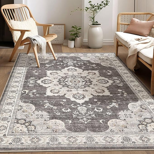 Area Rug for Living Room - 6x9 Soft Washable Oriental Vintage Floral Distressed Large Carpet - Fade Stain Resistant Non Slip Rugs for Bedroom Dining Room Nursery Dorm Office Home Decor - Brown/Grey
