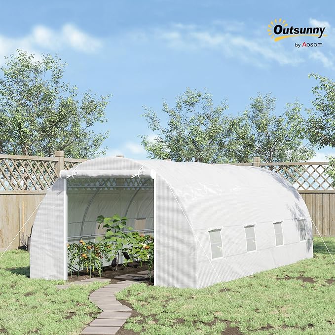 Outsunny 20' x 10' x 7' Walk-in Tunnel Greenhouse with Zippered Door & 8 Mesh Windows, Large Garden Green House Kit, Galvanized Steel Frame, White