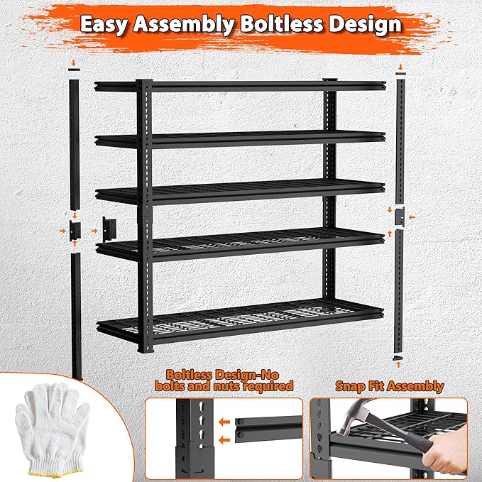 Storage Shelves Heavy Duty, 48" L x 18" W x 72" H Garage Wire Shelving Unit Loads 2800LBS, 5-tier Adjustable Metal Industrial Utility Shelf Rack for Kitchen, Laundry Room, Pantry, Warehouse, Basement