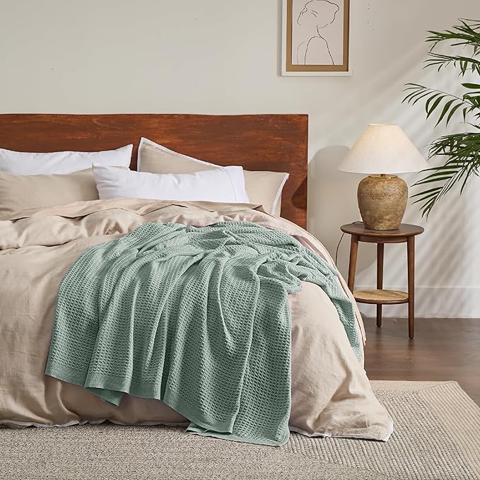 Bedsure Gentlesoft 100% Cotton Blanket Twin XL Size for College Dorm - Breathable and Soft, Waffle Weave Twin Blanket for Summer, Dorm Room Essentials, Sage Green, 66x90 inches
