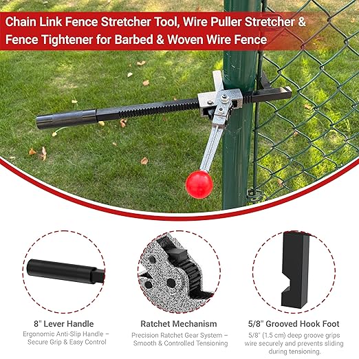 Chain Link Fence Stretcher Tool, Wire Puller Stretcher & Fence Tightener for Barbed & Woven Wire Fence, 9″ Ratchet Range, Easy One-Person Operation for Farm & Yard Projects
